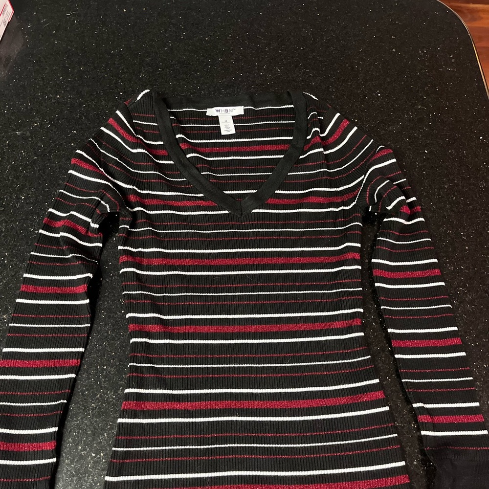 WHBM Women's Striped V-Neck Sweater - Black and Red